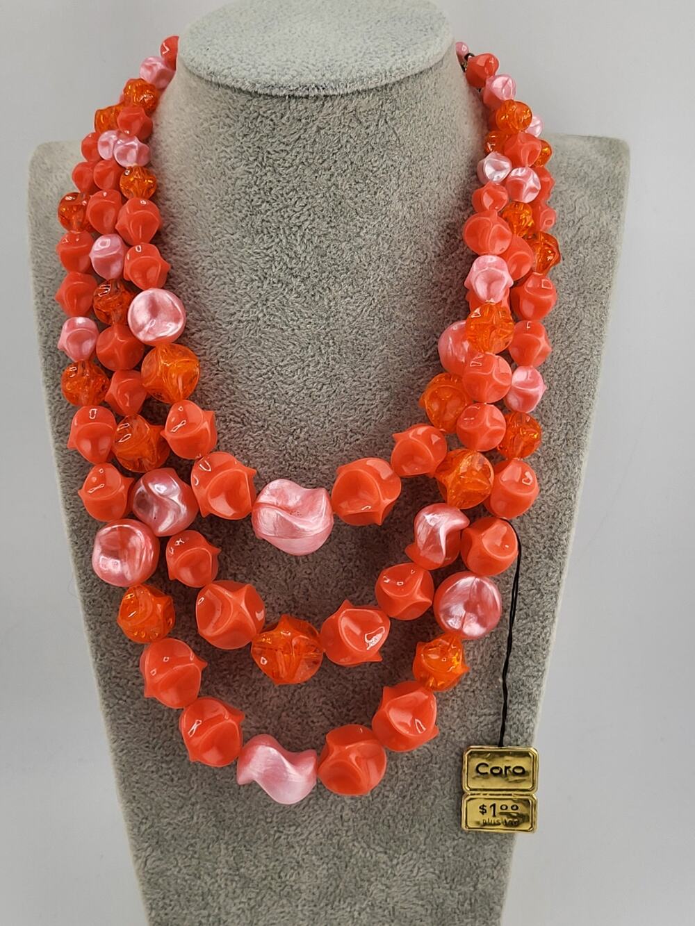 Vintage Coro Multi Strand Orange Pink Bead Necklace NOS Germany Hook